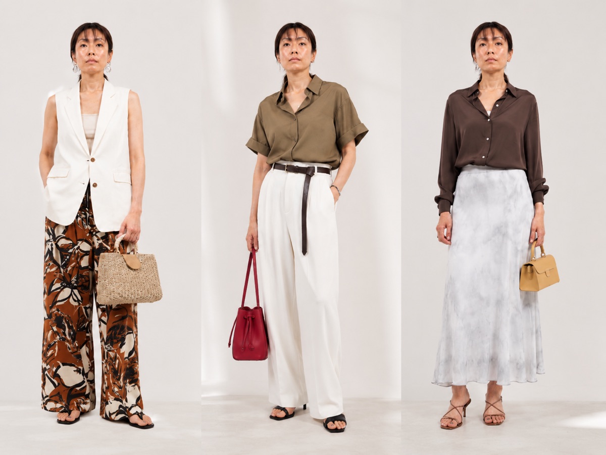 ブラウン、カーキ、生成りを使った3つのスタイリング例